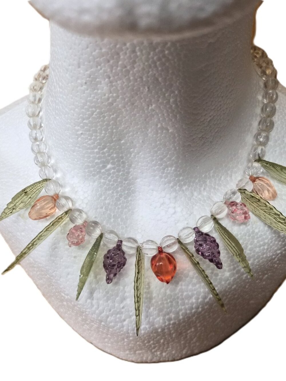 VTG Lucite Fruit Salad Necklace Mid Century Pastel Charm Necklace Tutti Frutti